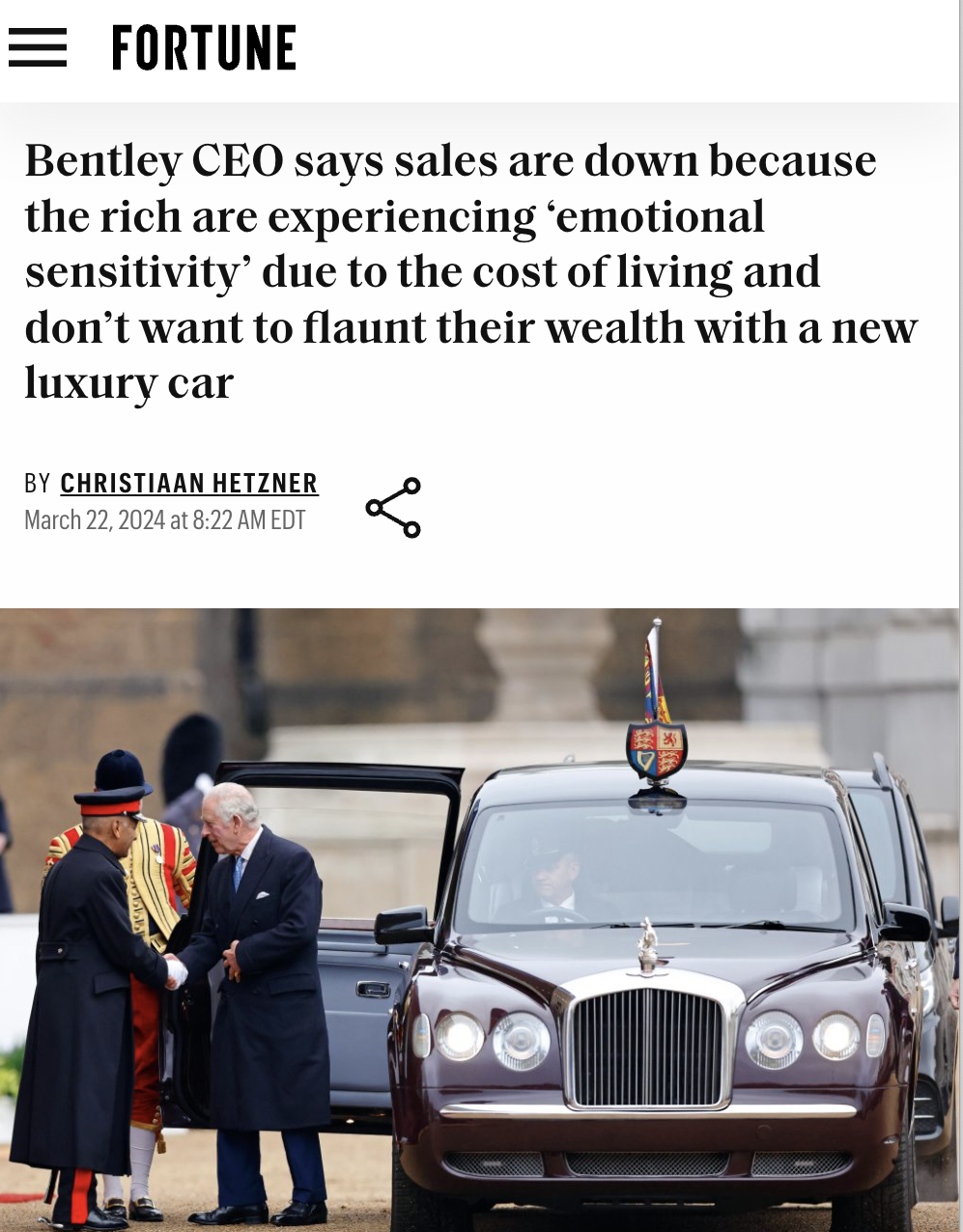 rolls-royce corniche - Fortune Bentley Ceo says sales are down because the rich are experiencing 'emotional sensitivity' due to the cost of living and don't want to flaunt their wealth with a new luxury car By Christiaan Hetzner at Edt